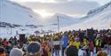 A crowd celebrating the sun's return to Longyearbyen after the dark season