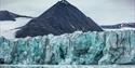 Floating ice in a fjord with glacial walls rising up towards the mountains