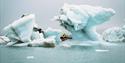 A boat in between pieces of ice floating at sea