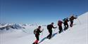 A tour group hiking up a mountain