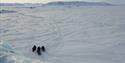 Snowmobiles parked on a vast ice-covered plain surrounded by mountains on the horizon.