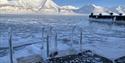 Ladders along a quay in a fjord with drift ice along the quay. Snow-covered mountains lit up by the sun are visible in the background.