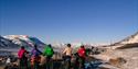 A tour group on bikes looking towards Longyearbyen