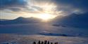 People and snowmobiles who stopped to look at the view of the mountains and the sun.