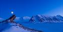 A snow-covered landscape covered in blue light with a bright moon in the sky