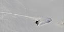 A person snowboarding down a mountain churning up snow during a turn