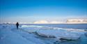 Person går langs den frosne islagte kysten. snødekte fjell i bakgrunnen