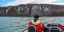 A guest looking up at cliffs along the sea from a boat