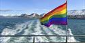 A pride flag on a railing on board MS Bard with a fjord and Longyearbyen in the background