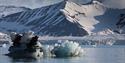 A blue and dark iceberg floating in a fjord with a glacier front and a tall mountainside in the background