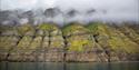 Tall green cliffs with bird colonies among mountain tops in between clouds in the background, and a calm fjord in the foreground