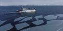 A boat sailing along sheets of ice floating on a fjord, with snow-covered mountains far away in the background