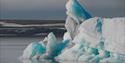 A bright and blue iceberg floating in a fjord with a flat tundra landscape in the background