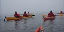 Several people in kayaks on the sea, in foggy weather