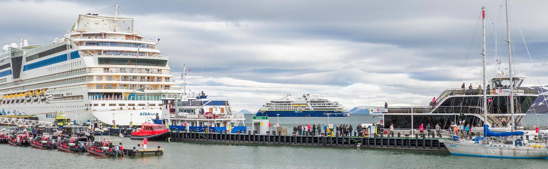 A floating pier with guests on their way to several small and medium-sized boats and ships, with two larger cruise ships in port and on the fjord in the background