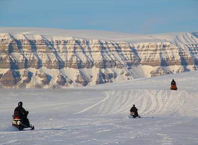 Guests driving snowmobiles