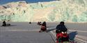 A tour group on snowmobiles with a glacier in the background
