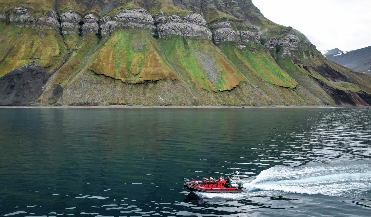 En RIB-båt med gjester og en guide som kjører på en fjord med fjell i bakgrunnen