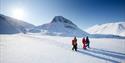 En guide og tre gjester som går gjennom snø i forgrunnen med et fjellandskap i bakgrunnen