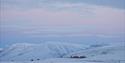 Tommy's Lodge i et snødekt landskap med fjell og en rosa himmel i bakgrunnen
