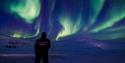 Person looking up at the green norhern lights