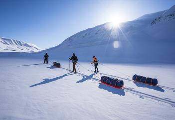 A guide and two guests pulling sleds while cross country skiing through a bright snow-covered mountainous landscape with a blue sky in the background