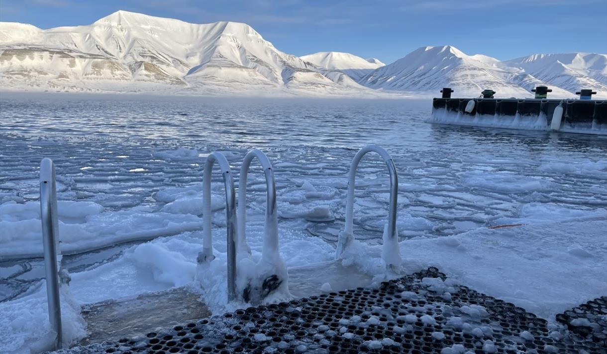 Ladders along a quay in a fjord with drift ice along the quay. Snow-covered mountains lit up by the sun are visible in the background.