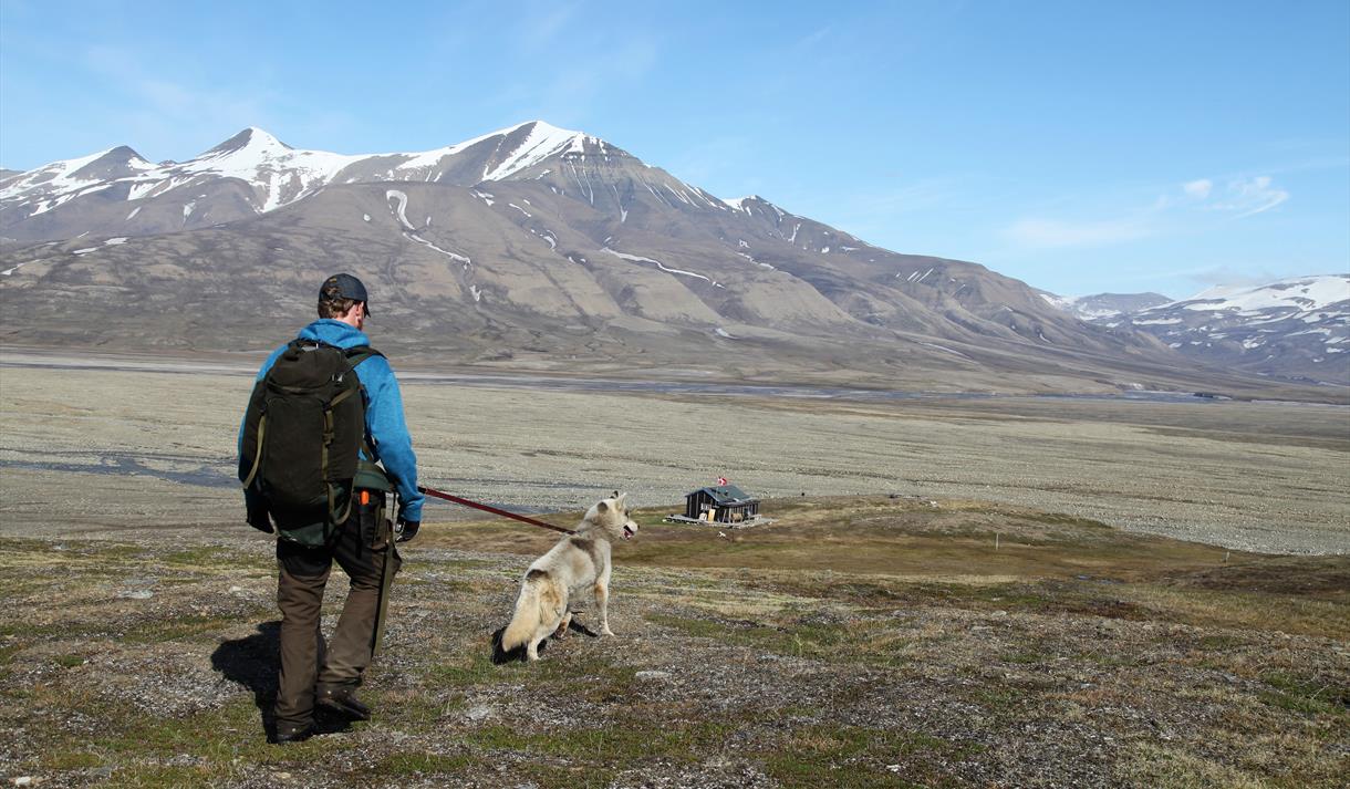 Person hiking with dog towards a cabin