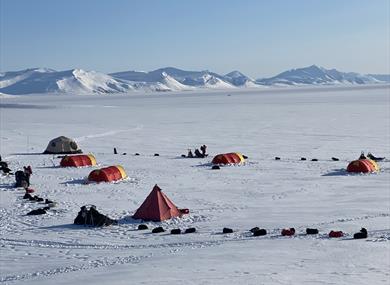 En teltleir med sledehunder, parkerte hundesleder og personer i et stort åpent snødekt landskap med fjell fjernt i bakgrunnen
A tent camp with sled do