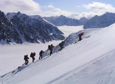 A tour group climbing a mountain