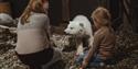 Two children looking at a stuffed polar bear cub in Svalbard Museum's exhibition