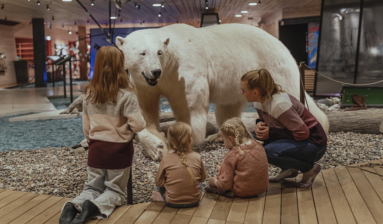 An adult and three children looking at a stuffed polar bear in Svalbard Museum's exhibition
