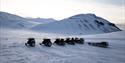 Five snowmobiles and a snowmobile sled lined up on a snowy plain with a mountain and snowmobile tracks in the background