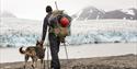 En guide med isbreutstyr på en ryggsekk og en rifle på ryggen, med en hund ved siden av seg i forgrunnen, med en fjord, en isbre og fjell i bakgrunnen.
