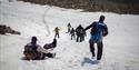 A group of people playing in the snow, sliding down the hill