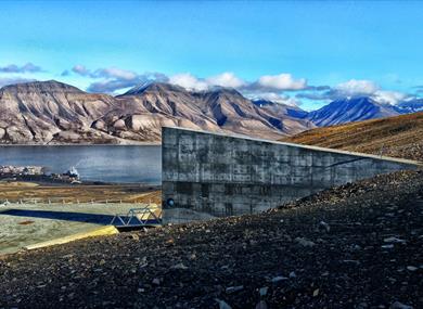 Picture taken from the backside of the seedvault on a sunny summerday. 
The seedvault and the Adventfjord is seen in the background. 
