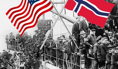 bilde av mennesker på en skip med norsk og amerikansk flag