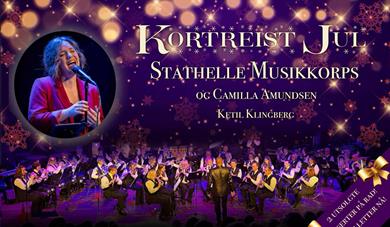 bilde med lilla farger, mennesker med blåseinstrumenter , dame i rødt som synger