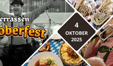 bilder med oransje tekst bilder av mat, dame med trompet