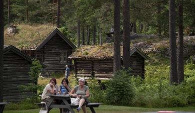 Hva skjer i Drangedal - onsdag på tunet. På bildet; Drangedal bygdetun, tre damer som sitter og koser seg på benker med gamle hus rundt