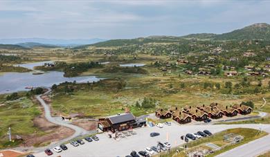 drone image of the Vierli cafeteria and the surrounding cabins
