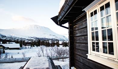 view towards Mount Gausta in winter from the terrace of the cabin at Gaustablikk fjellhytter