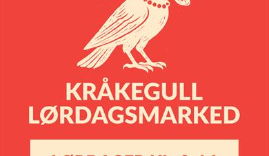 Gjenbruksmarked på Ulefoss, Kraakegul. Tekst på rød og beige bakgrunn