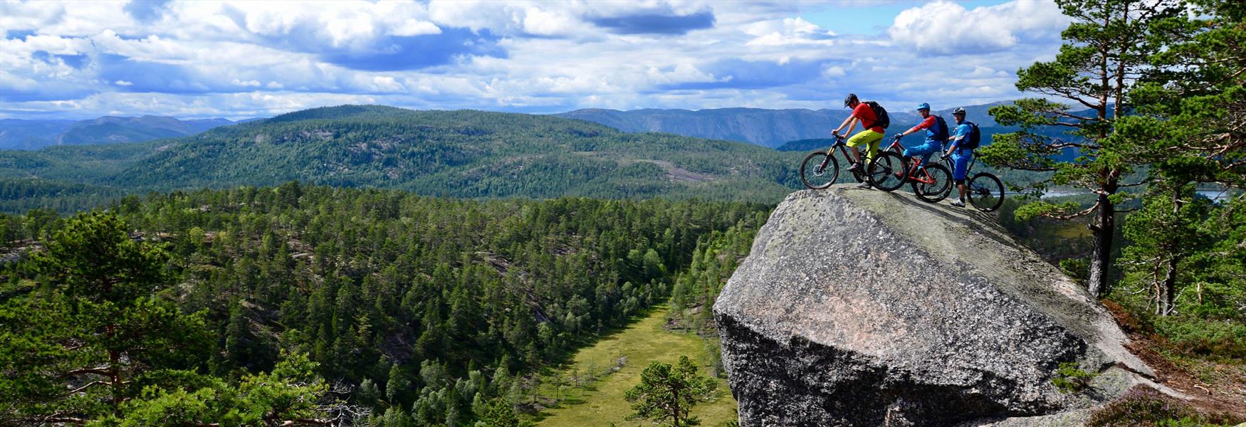 3 syklister på en fjell som ser ut over landskapet