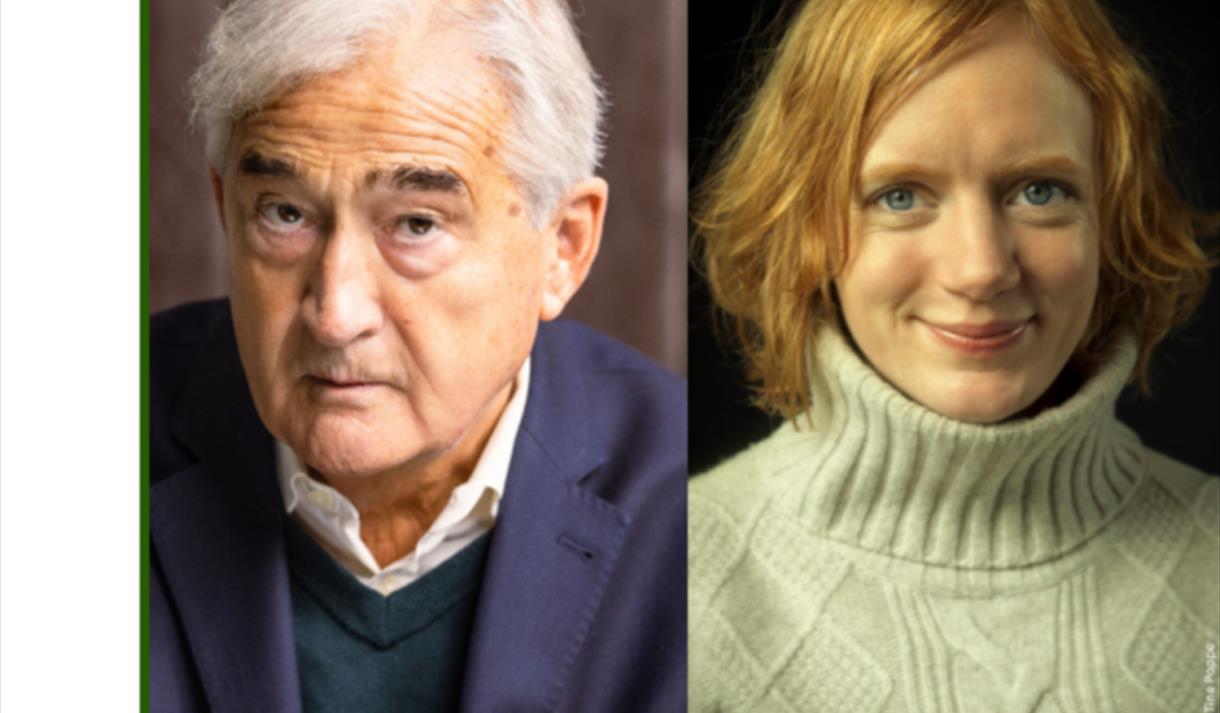 Bilde av en gråhåret mann og en dame med grønn grenser og rødt hår