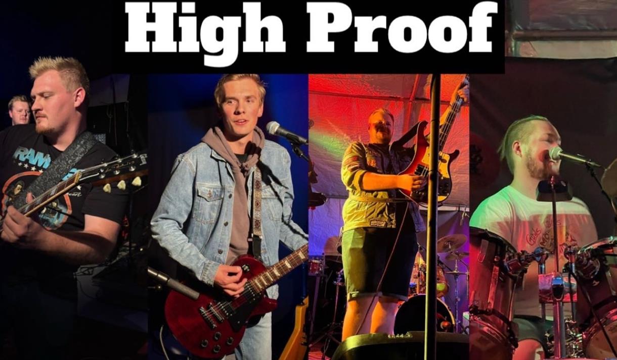 5 menn med gitar og trommer, bakgrunn er mørk med rødt lys