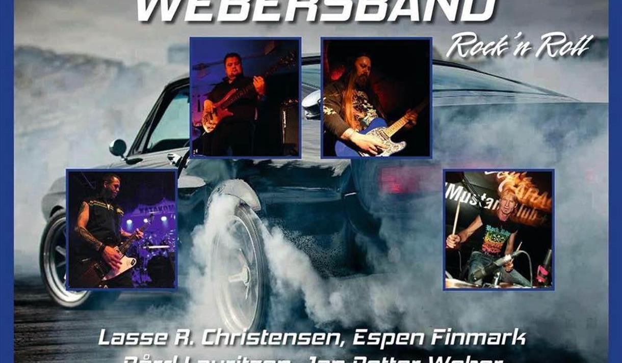 plakat med mye røyk, menn på gitar og trommer bil som burner