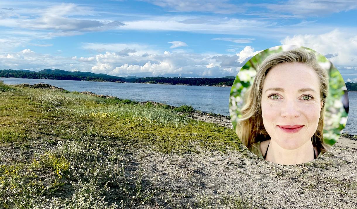sjø og grønne sletter med sand - ovalt bilde av lys dame med langt hår
