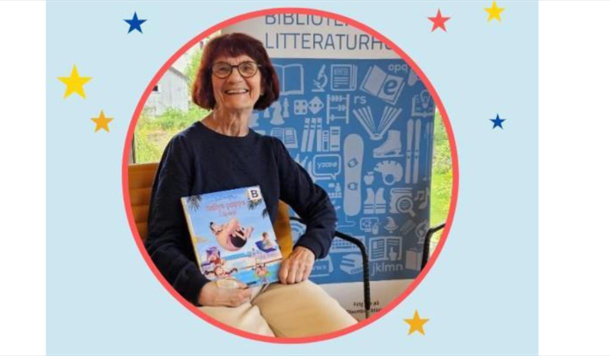 blå bakgrunn med stjerner, dame med mørkt hår og briller med bok