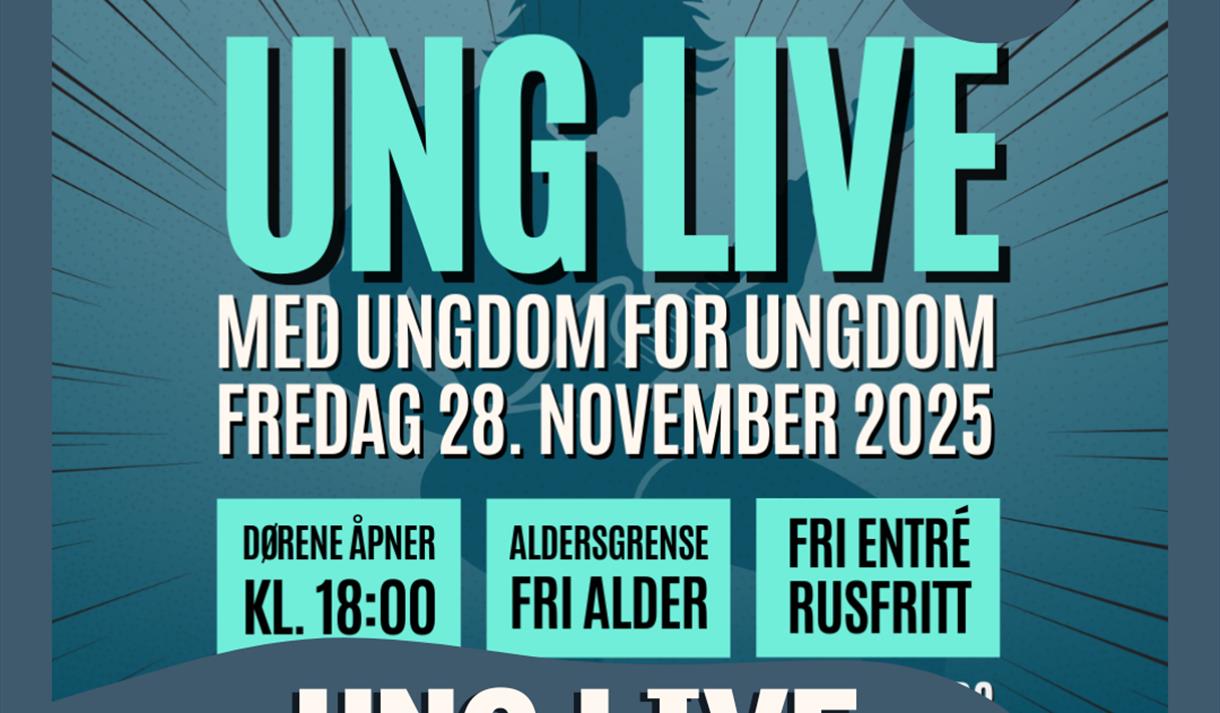 plakat i turkise blåfarger med hvit og turkis skrift